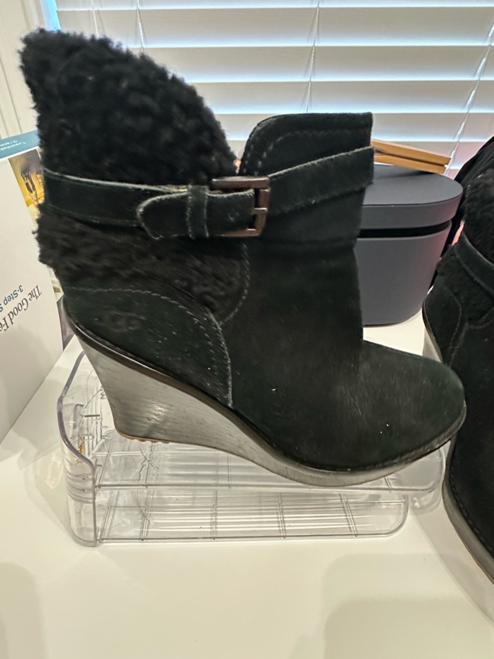 Ugg Black Suede Wedge Ankle Boot with Shearling Trim